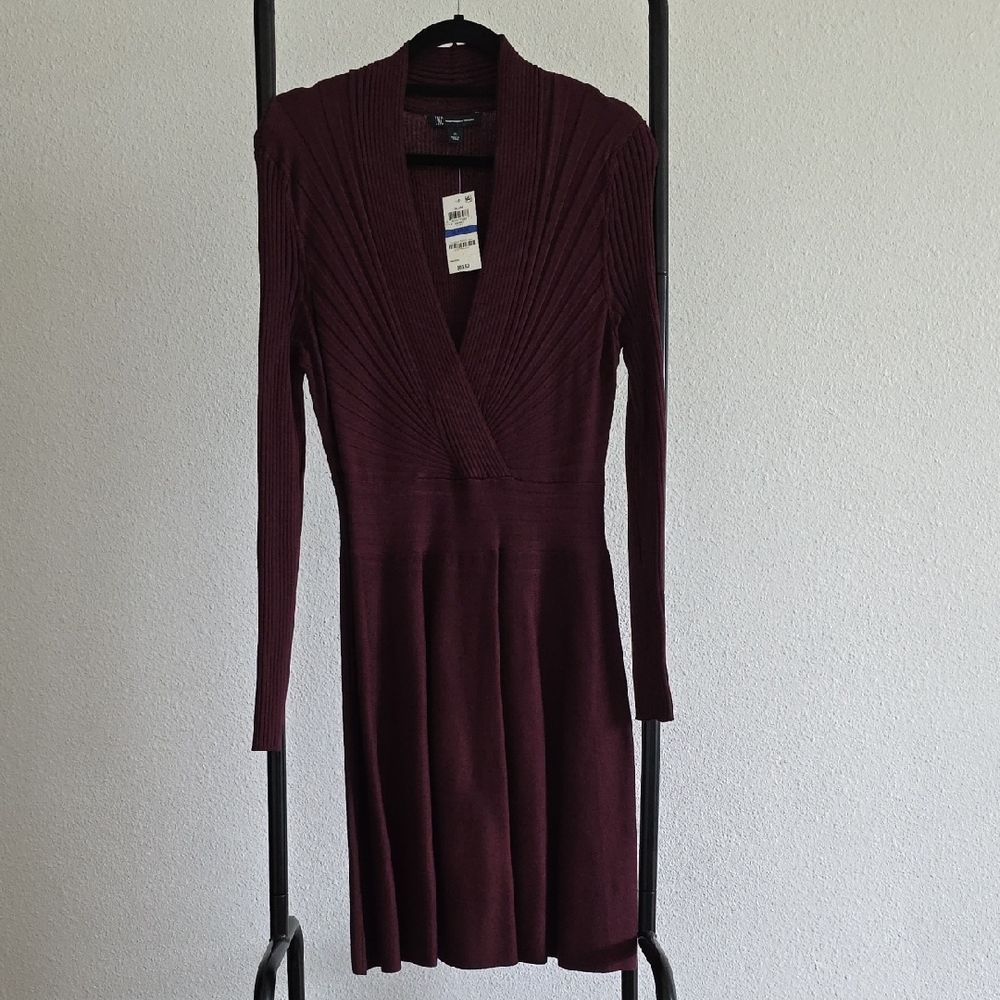 INC International Concepts Burgundy Long Sleeve V-Neck Knit Dress